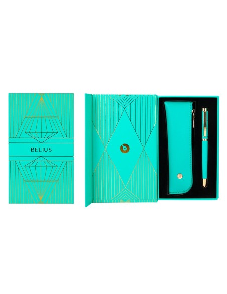 BOLIGRAFO  BELIUS SOIREE ART DECO TURQ.Y DORADO TINTA AZ. CAJA DISEÑO