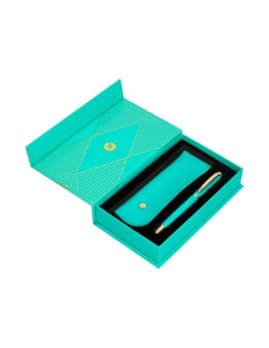 BOLIGRAFO  BELIUS SOIREE ART DECO TURQ.Y DORADO TINTA AZ. CAJA DISEÑO