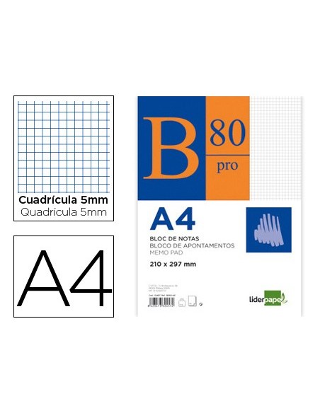 BLOC ENCOLADO LIDERPAPEL A4 5MM PERFORADO 80H. 60GR. S/TAPA