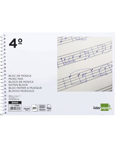 BLOC ESP. LIDERPAPEL MUSICA A5 PENTAGRAMA 4MM 20H 100GR. C/INTERLINEA