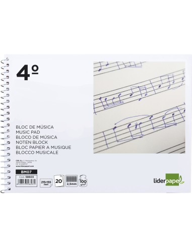 BLOC ESP. LIDERPAPEL MUSICA A5 PENTAGRAMA 2.5MM PAUTA 20H.100GR.