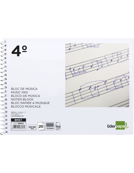 BLOC ESP. LIDERPAPEL MUSICA A5 PENTAGRAMA 2.5MM PAUTA 20H.100GR.