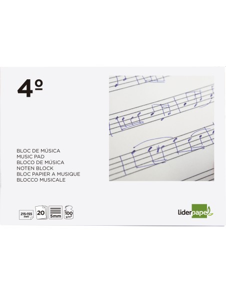 BLOC GRAPADO LIDERPAPEL MUSICA A5 PENTAGRAMA 5MM 20H 100GR.