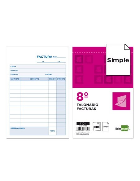 TALONARIO FACTURAS OCTAVO SIN IVA- 101