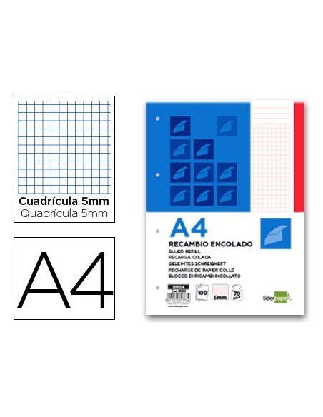 BLOC/RECAMBIO ENCOLADO LIDERPAPEL A4 5MM 1B RJ. 100H. 70GR.