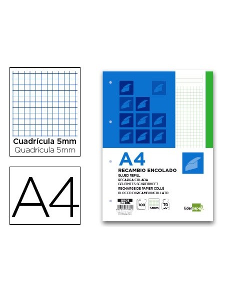 BLOC/RECAMBIO ENCOLADO LIDERPAPEL A4 5MM 1B VE. 100H 70GR.