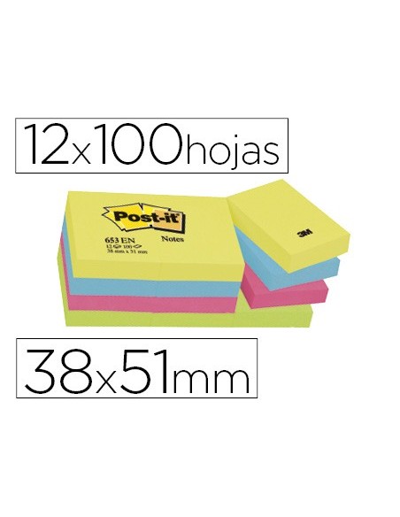 BLOC NOTAS ADH. POST-IT 38X51MM 12UD. 100H. COL.SURT. NEON