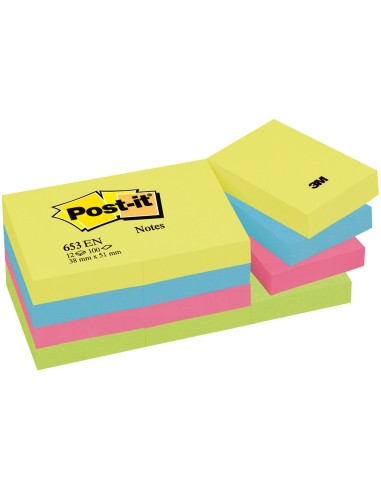 BLOC NOTAS ADH. POST-IT 38X51MM 12UD. 100H. COL.SURT. NEON