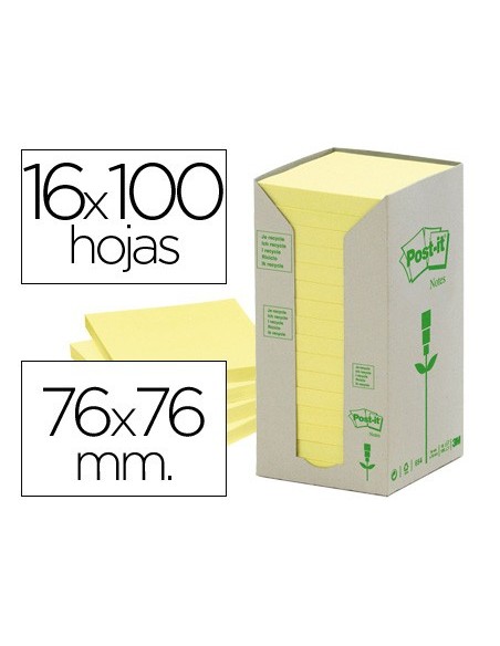 BLOC NOTAS ADH. POST-IT 76X76MM PAPEL RECICLADO 16UD. 100H. AM.