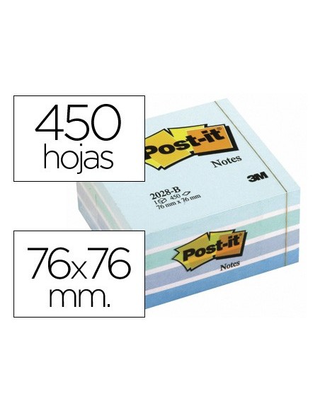 BLOC NOTAS ADH. POST-IT 76X76MM CUBO 450H. AZ. PASTEL