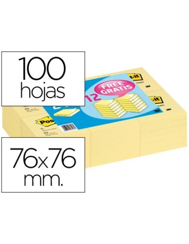 BLOC DE NOTAS ADHESIVAS QUITA Y PON POST-IT 76X76 MM PACK 24+12