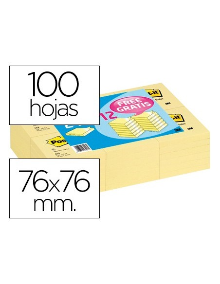 BLOC DE NOTAS ADHESIVAS QUITA Y PON POST-IT 76X76 MM PACK 24+12