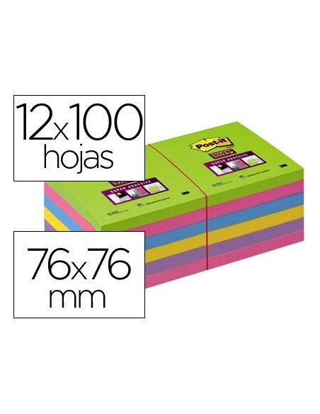 BLOC NOTAS ADH.POST-IT SUPER STICK 76X76MM 12UD 100H. COL. SURT.