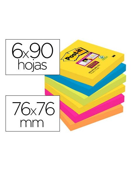 BLOC NOTAS ADH.POST-IT SUPER STICKY 76X76MM 6UD 90H. COL.SURT.