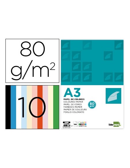 PAPEL LIDERPAPEL A3 80GR/M2 10 COL.SURT.PAQUETE 100 HOJAS