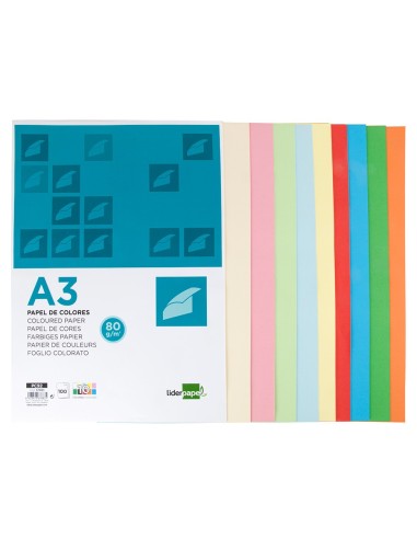 PAPEL LIDERPAPEL A3 80GR/M2 10 COL.SURT.PAQUETE 100 HOJAS