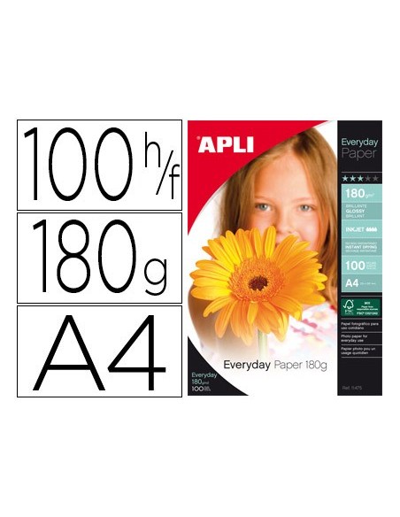 PAPEL FOTOGRAFICO APLI GLOSSY DIN A4 PACK 100 H.180 GRS