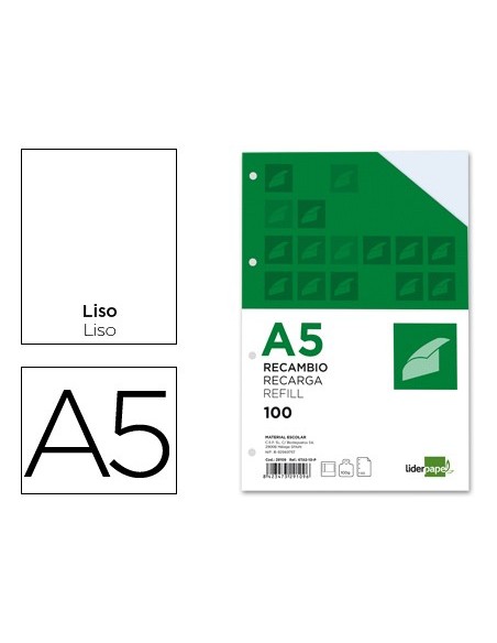 RECAMBIO LIDERPAPEL DIN-A5 100 H LISO 6 TALADROS MARGEN PAPEL 100 GR.