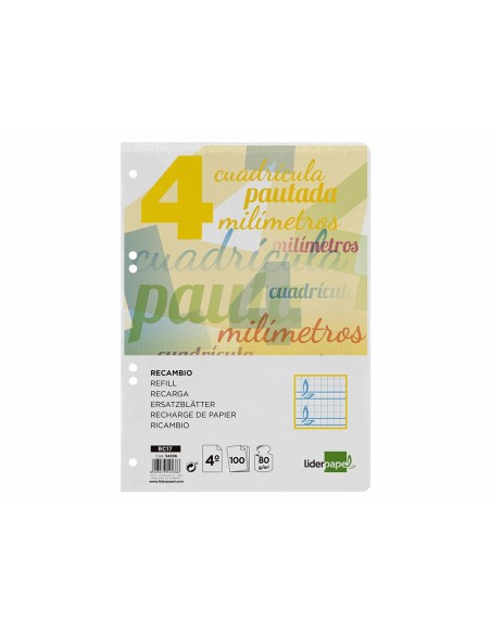 RECAMBIO LIDERPAPEL4º100 H CUADO PAUTADO 4 MM 6 TALADROS 70 G**