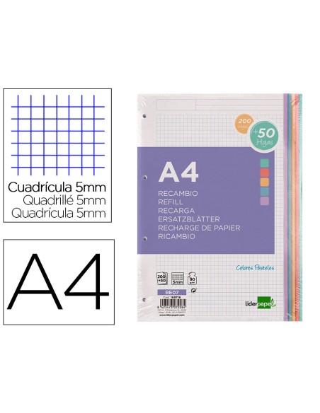 RECAMBIO  A4 200+50H. 90G/M2 5MM4 TAL.B.DE 5 COL.