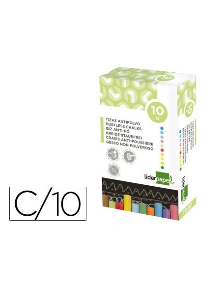 TIZA COLOR ANTIPOLVO LIDERPAPEL CAJA 10 UDS.COLORES SURTIDOS TZ07