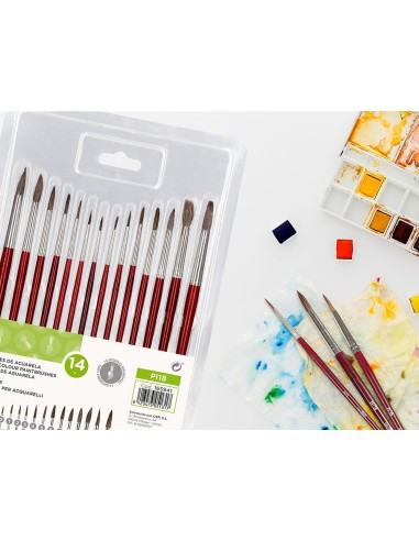 PINCELES ACUARELA  VIROLA CROMADA PELO ENGOMADO 14 UD.SURTIDAS
