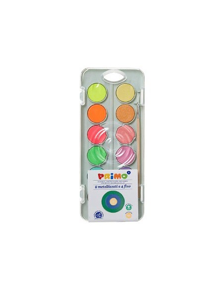 ACUARELA PRIMO 8 METAL + 4 NEON PINCEL PALETA MEZCLA ESTUCHE PLASTICO