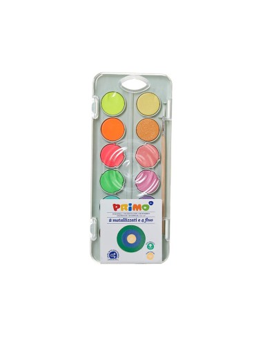 ACUARELA PRIMO 8 METAL + 4 NEON PINCEL PALETA MEZCLA ESTUCHE PLASTICO