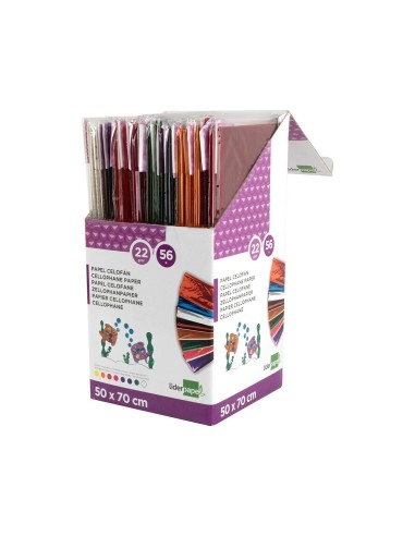 PAPEL CELOFAN LIDERPAPEL 50X70 EXPOSITOR 56 BOLSAS 5 H.8 COL.SURT.