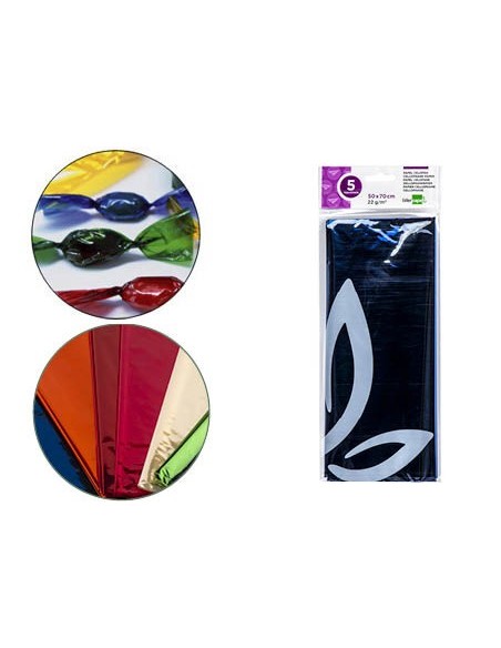 PAPEL CELOFAN LIDERPAPEL 50X70 CM 22G/M2 BOLSA DE 5 HOJAS AZUL