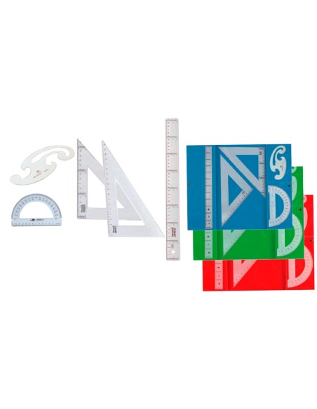 JUEGO ESCUADRA Y CARTABON 25CMREGLA 30CM SEMICIRCULO 15CM Y PLANTILLA