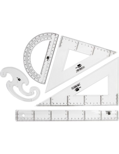 JUEGO ESCUADRA Y CARTABON 25CMREGLA 30CM SEMICIRCULO 15CM Y PLANTILLA