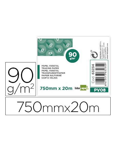PAPEL DIBUJO LIDERPAPEL 750MMX20M 90G/M2 VEGETAL ROLLO