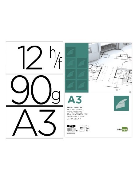 PAPEL DIBUJO LIDERPAPEL A3 297X420MM 90G/M2 VEGETAL SOBRE 12 HOJAS