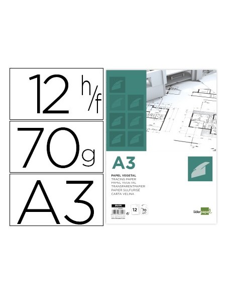PAPEL DIBUJO LIDERPAPEL A3 297X420MM 70G/M2 VEGETAL SOBRE 12 HOJAS