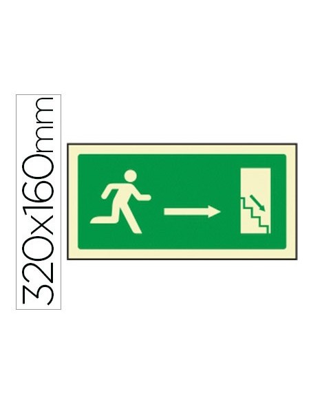 PICTO SEÑAL SALIDA EMERGENCIA DERECHA ESCALERA BAJANDO 320X160 MM