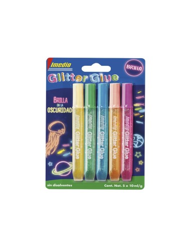 PEGAMENTO IMEDIO GLITTER BRILLA OSCURIDAD MANUALIDADES 10ML 5UD.SURT.