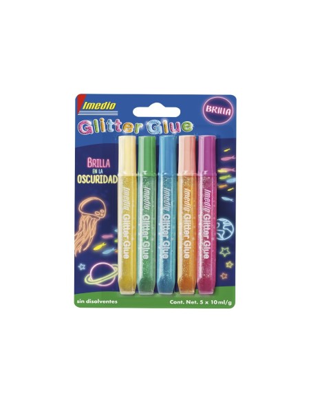 PEGAMENTO IMEDIO GLITTER BRILLA OSCURIDAD MANUALIDADES 10ML 5UD.SURT.