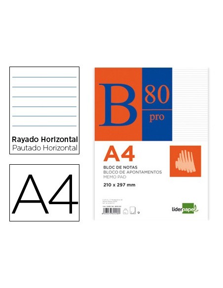 BLOC ENCOLADO LIDERPPAEL A4 HOR. 4T. DOBLE MARGEN 80H 60GR AZ.