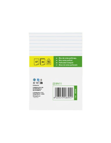 BLOC NOTAS LIDERPAPEL A7 HORIZONTAL 80H. 60GR. PERFORADO