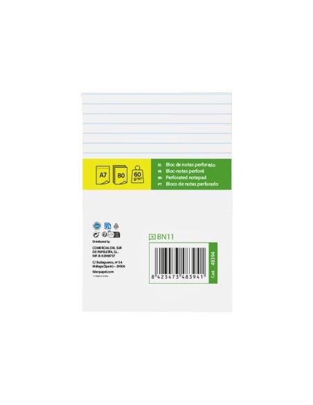 BLOC NOTAS LIDERPAPEL A7 HORIZONTAL 80H. 60GR. PERFORADO