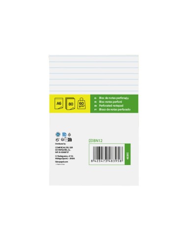 BLOC NOTAS LIDERPAPEL A6 HORIZONTAL 80H. 60GR. PERFORADO