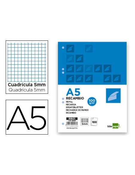 REC.DIN A5 100 H CUADRO 5 MM 6 TAL.C/MARGEN PAPEL 100 GRAMOS