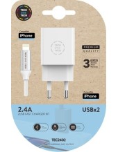 CARGADOR TECH ONE 2.4 2XUSB+CABLE BRAIDED MICRO USB APPLE 1MT.BL.