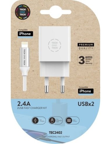 CARGADOR TECH ONE 2.4 2XUSB+CABLE BRAIDED MICRO USB APPLE 1MT.BL.