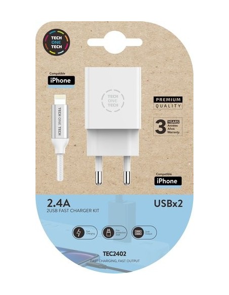 CARGADOR TECH ONE 2.4 2XUSB+CABLE BRAIDED MICRO USB APPLE 1MT.BL.