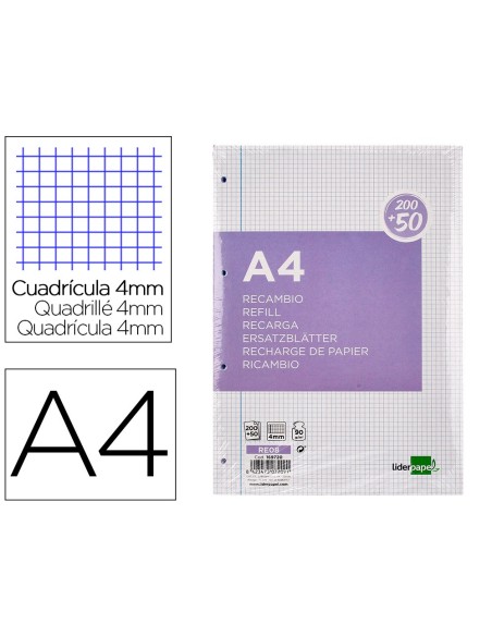 RECAMBIO  A4 200+50H. 90G/M2 4MM MARGEN4 TAL.
