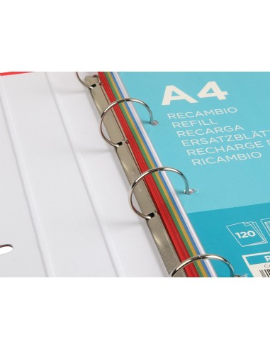 CARPETA RECAMBIO A4 CUADRO 5MM 120H.80 G FORRADA 4 ANILLAS 40MM RED
