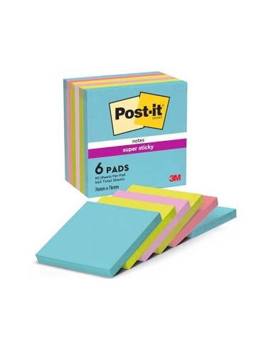 BLOC NOTAS ADH.POST-IT SUPER STICKY 76X76MM 6UD 90H. COL.SURT.