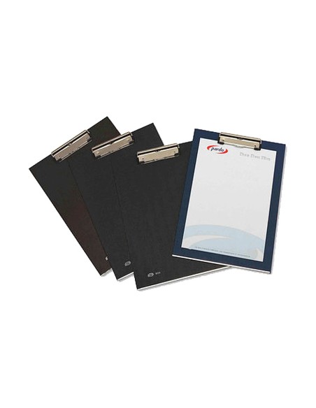 PORTANOTAS PARDO CARTON FORRADO PVC FOLIO CON PINZA METALICA AZUL